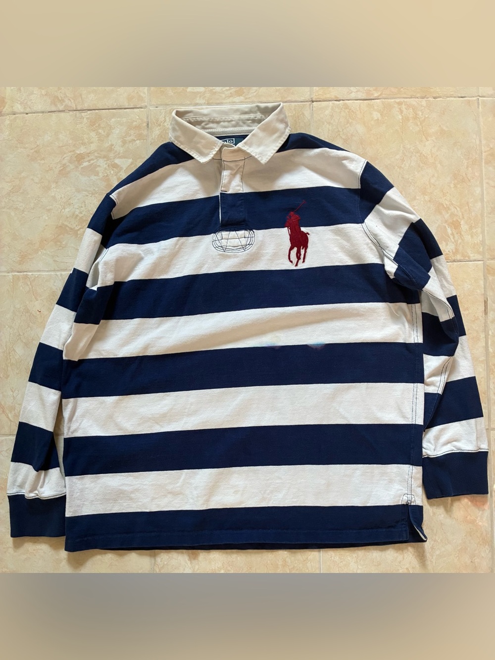 Vintage Polo by Ralph Lauren Navy & White Striped Rugby Shirt with Red Pony